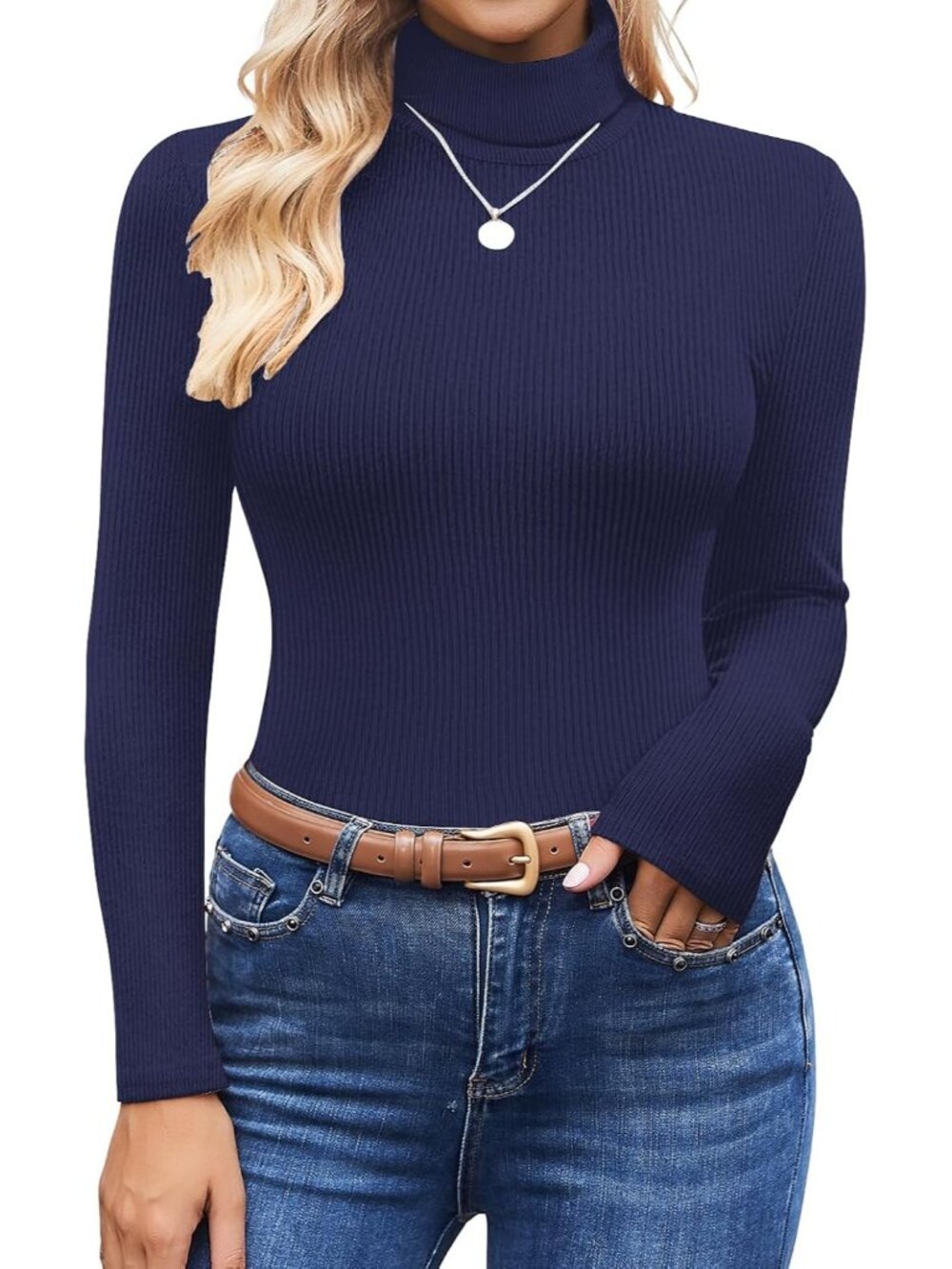 Women's Navy Blue Ribbed Knit Mock Turtleneck Long Sleeve Slim Fit Thermal Top